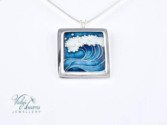 Cloisonné enamel necklace with blue and white sea wave design