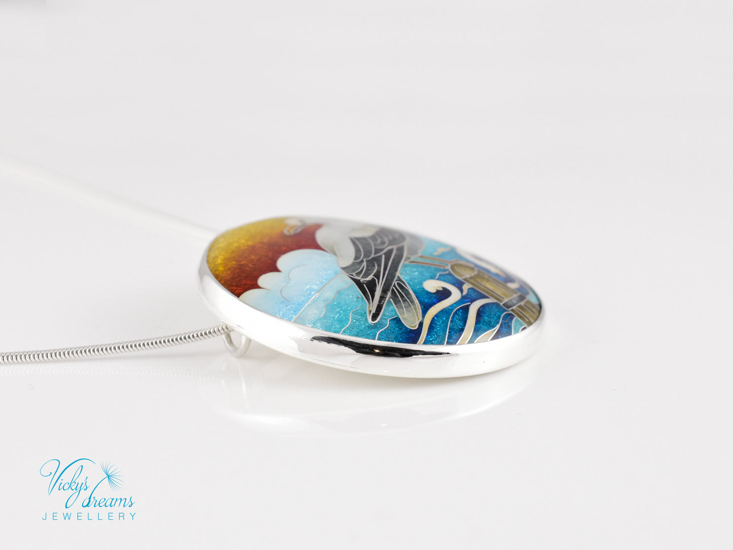 One-of-a-Kind Seagull Cloisonné Enamel Pendant – Sterling Silver Necklace