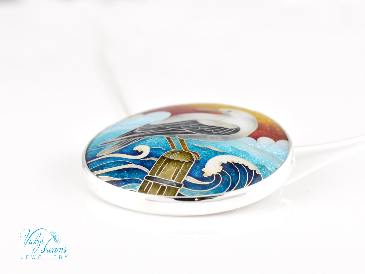 One-of-a-Kind Seagull Cloisonné Enamel Pendant – Sterling Silver Necklace