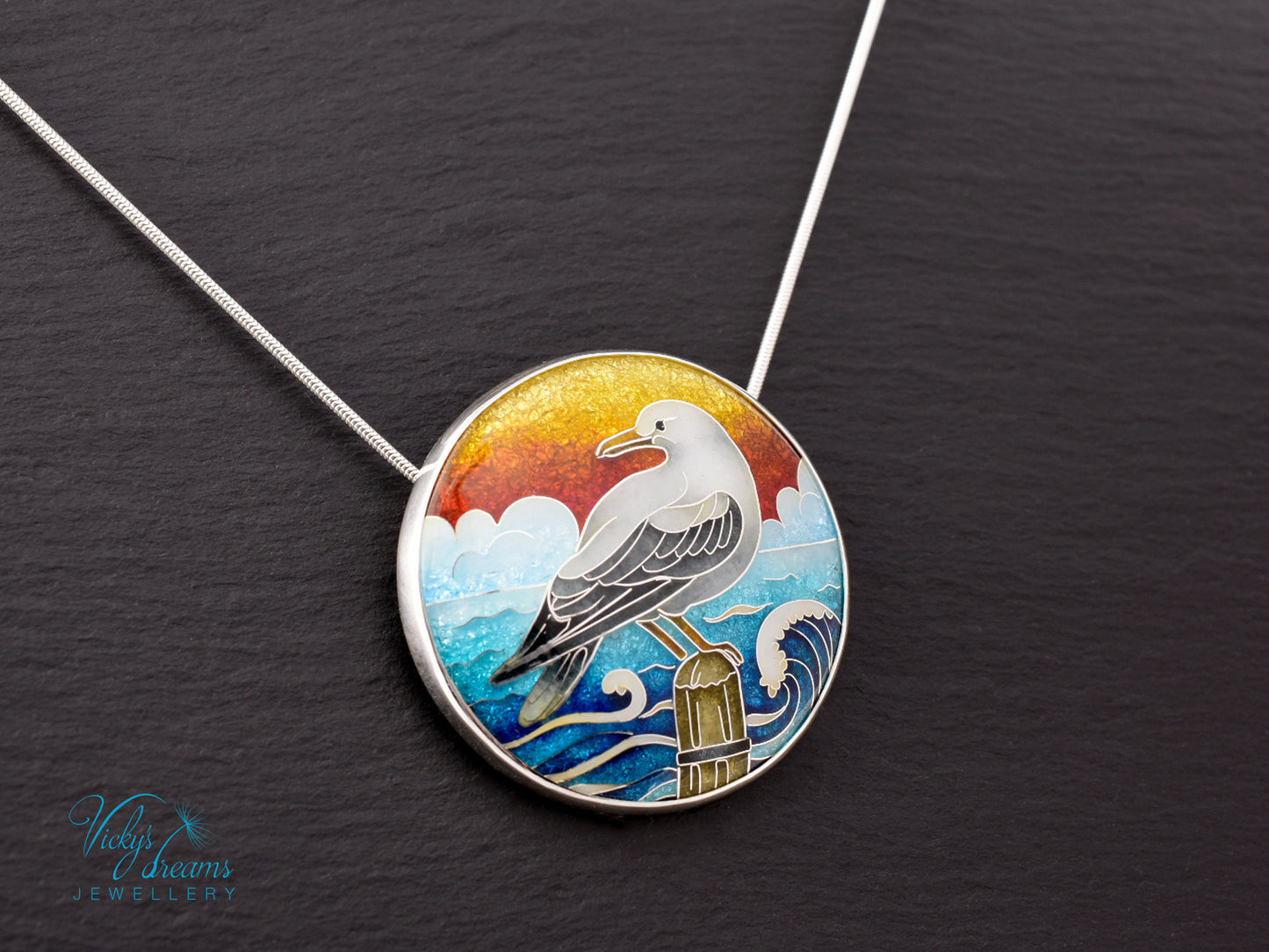 One-of-a-Kind Seagull Cloisonné Enamel Pendant – Sterling Silver Necklace