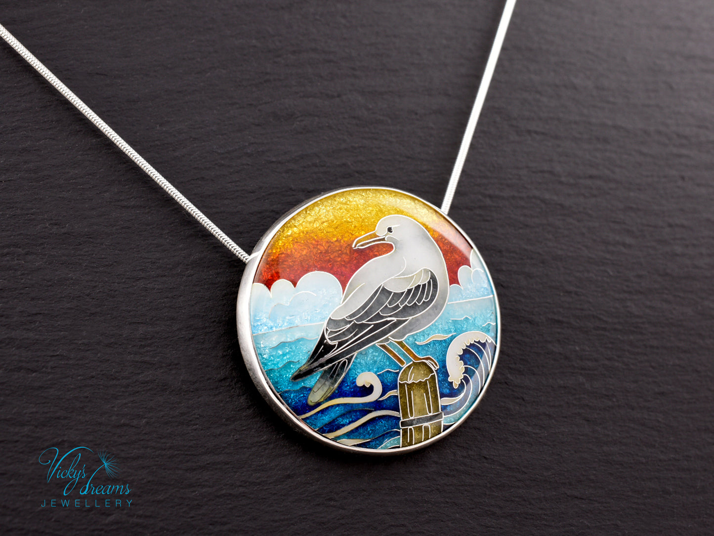 One-of-a-Kind Seagull Cloisonné Enamel Pendant – Sterling Silver Necklace