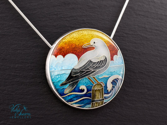 One-of-a-Kind Seagull Cloisonné Enamel Pendant – Sterling Silver Necklace