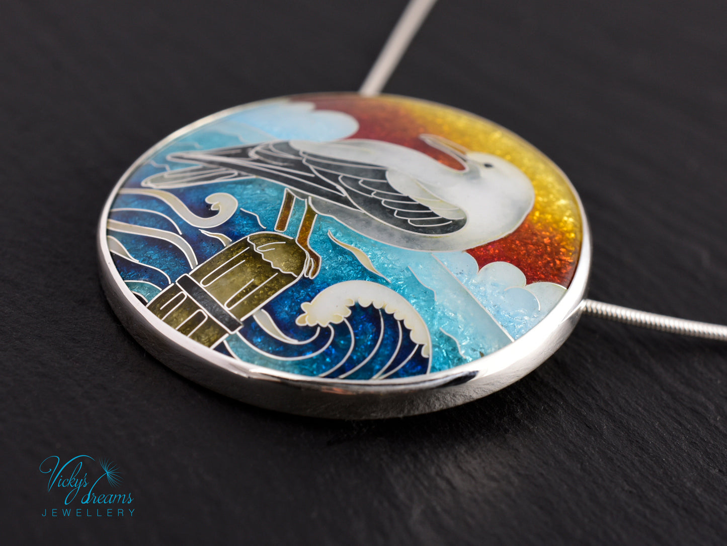 One-of-a-Kind Seagull Cloisonné Enamel Pendant – Sterling Silver Necklace