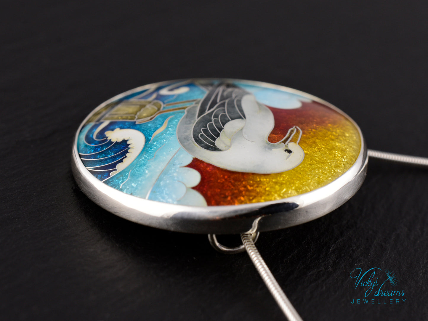 One-of-a-Kind Seagull Cloisonné Enamel Pendant – Sterling Silver Necklace