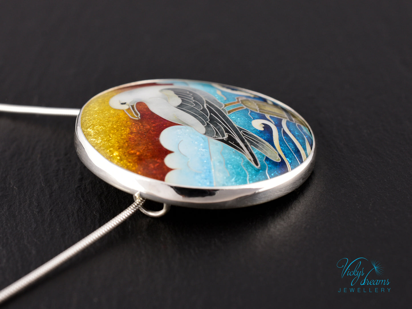 One-of-a-Kind Seagull Cloisonné Enamel Pendant – Sterling Silver Necklace