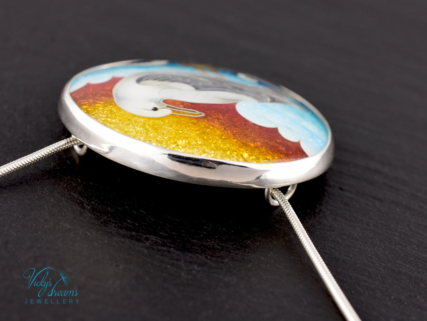 One-of-a-Kind Seagull Cloisonné Enamel Pendant – Sterling Silver Necklace