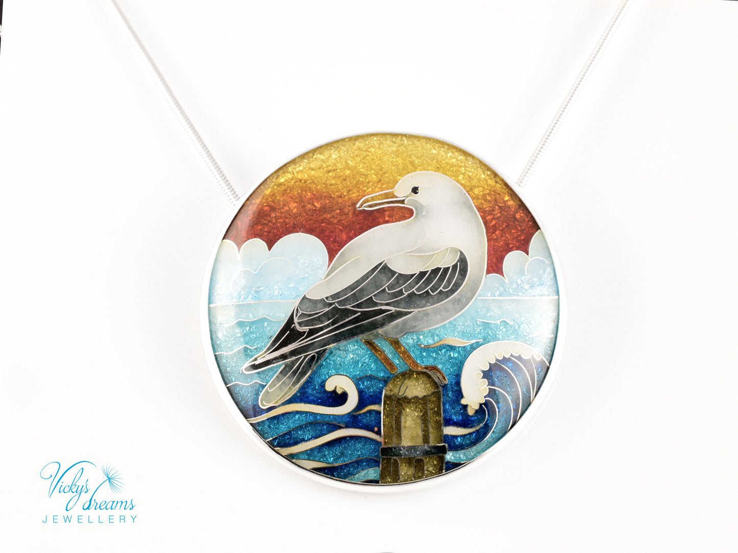 One-of-a-Kind Seagull Cloisonné Enamel Pendant – Sterling Silver Necklace