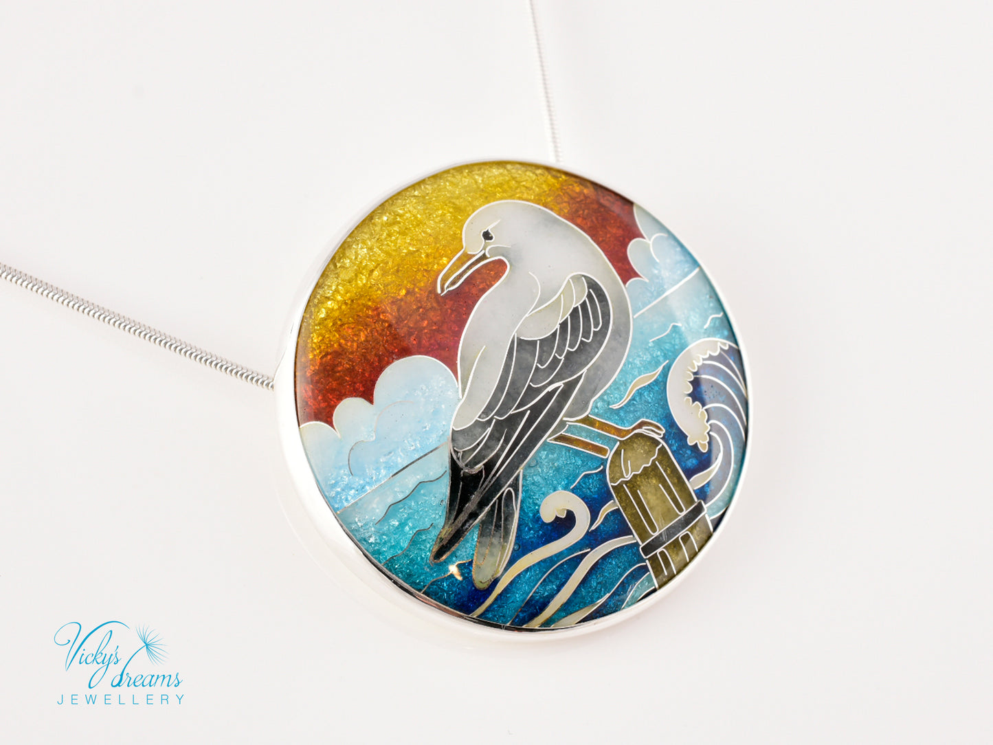 One-of-a-Kind Seagull Cloisonné Enamel Pendant – Sterling Silver Necklace