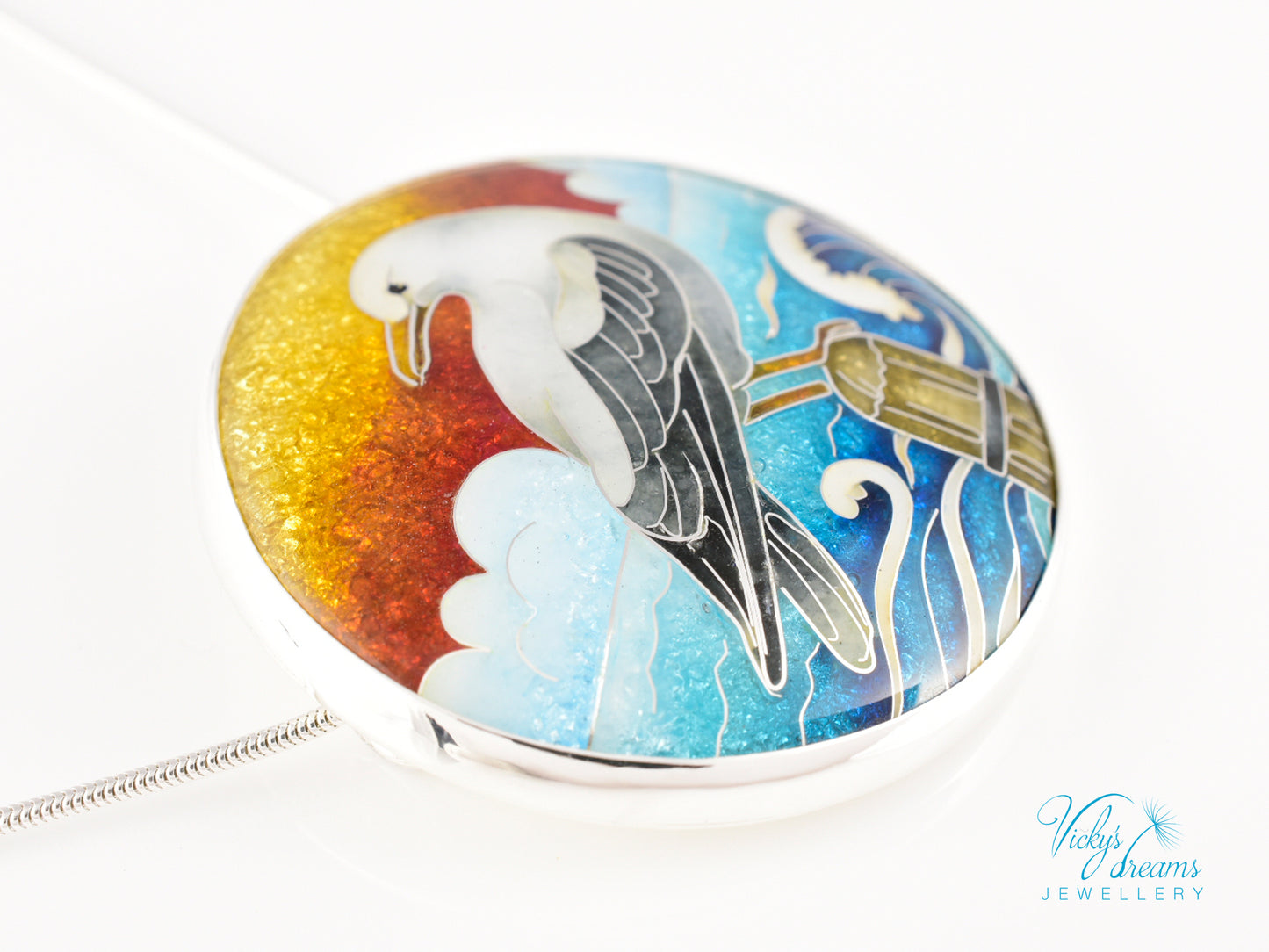 One-of-a-Kind Seagull Cloisonné Enamel Pendant – Sterling Silver Necklace