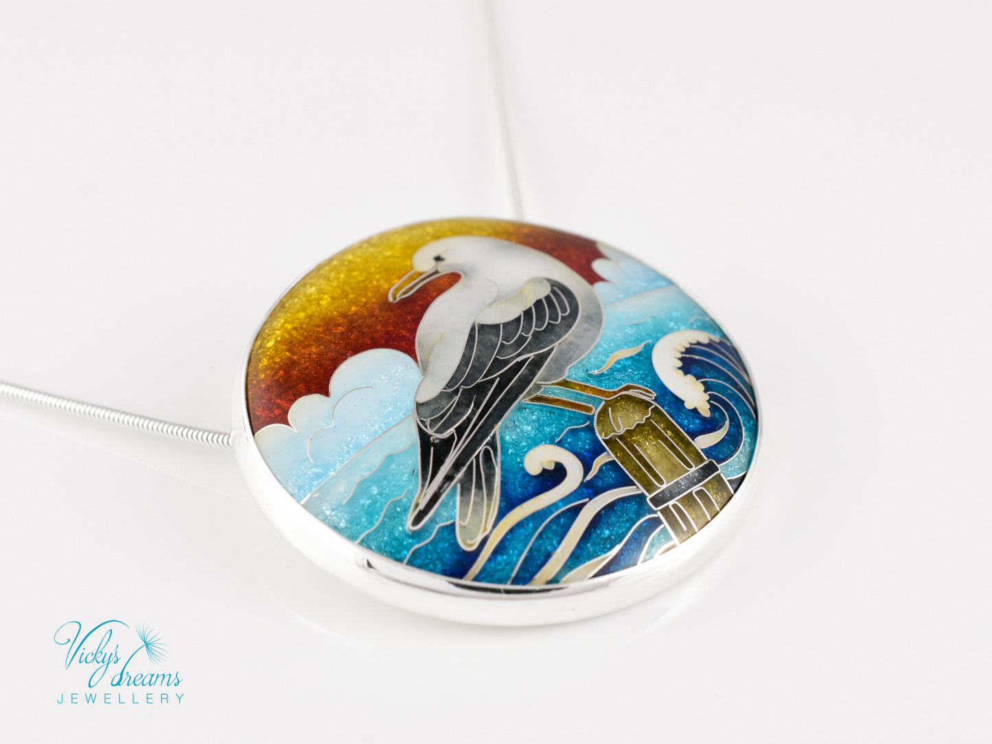One-of-a-Kind Seagull Cloisonné Enamel Pendant – Sterling Silver Necklace