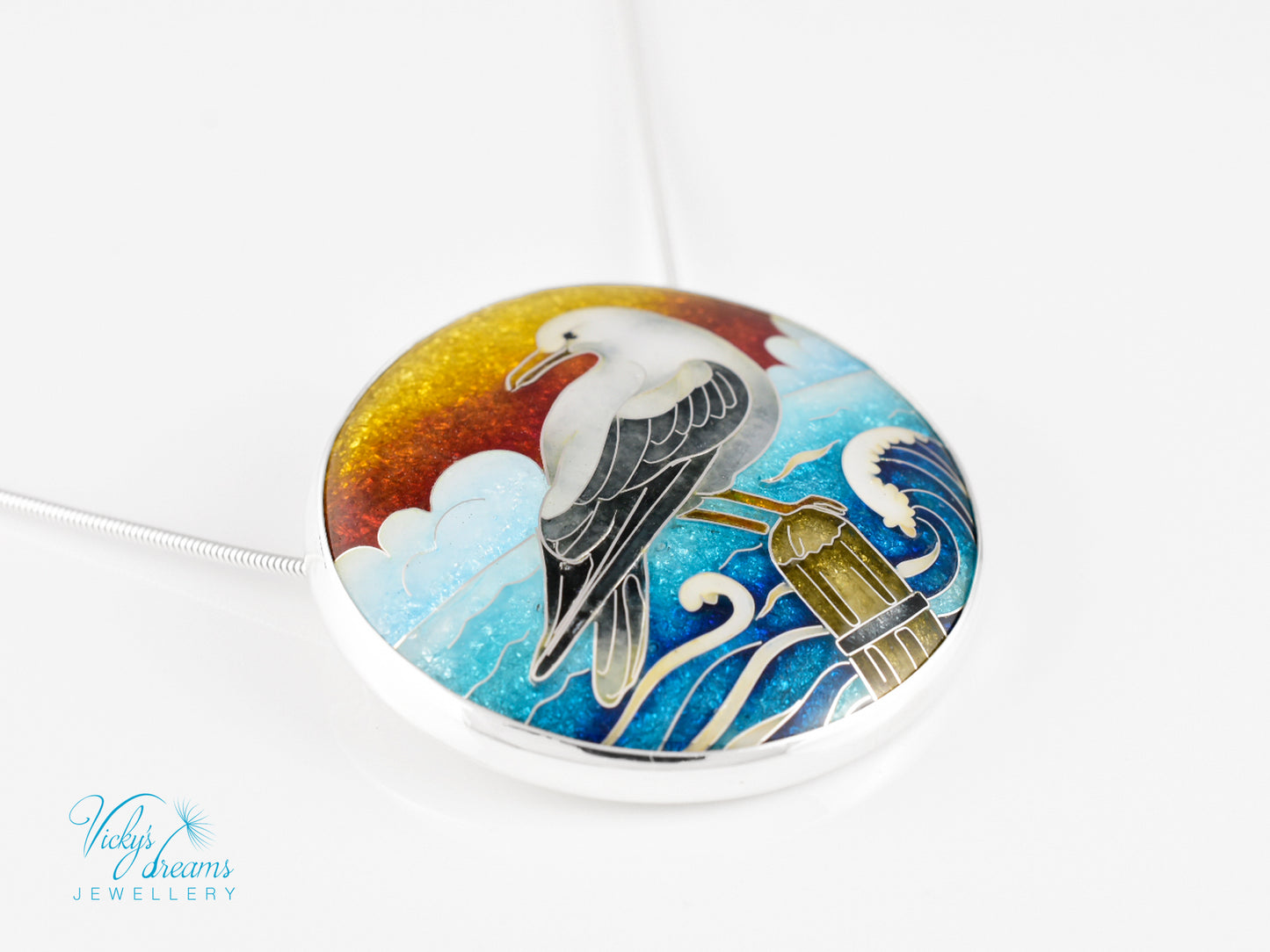 One-of-a-Kind Seagull Cloisonné Enamel Pendant – Sterling Silver Necklace