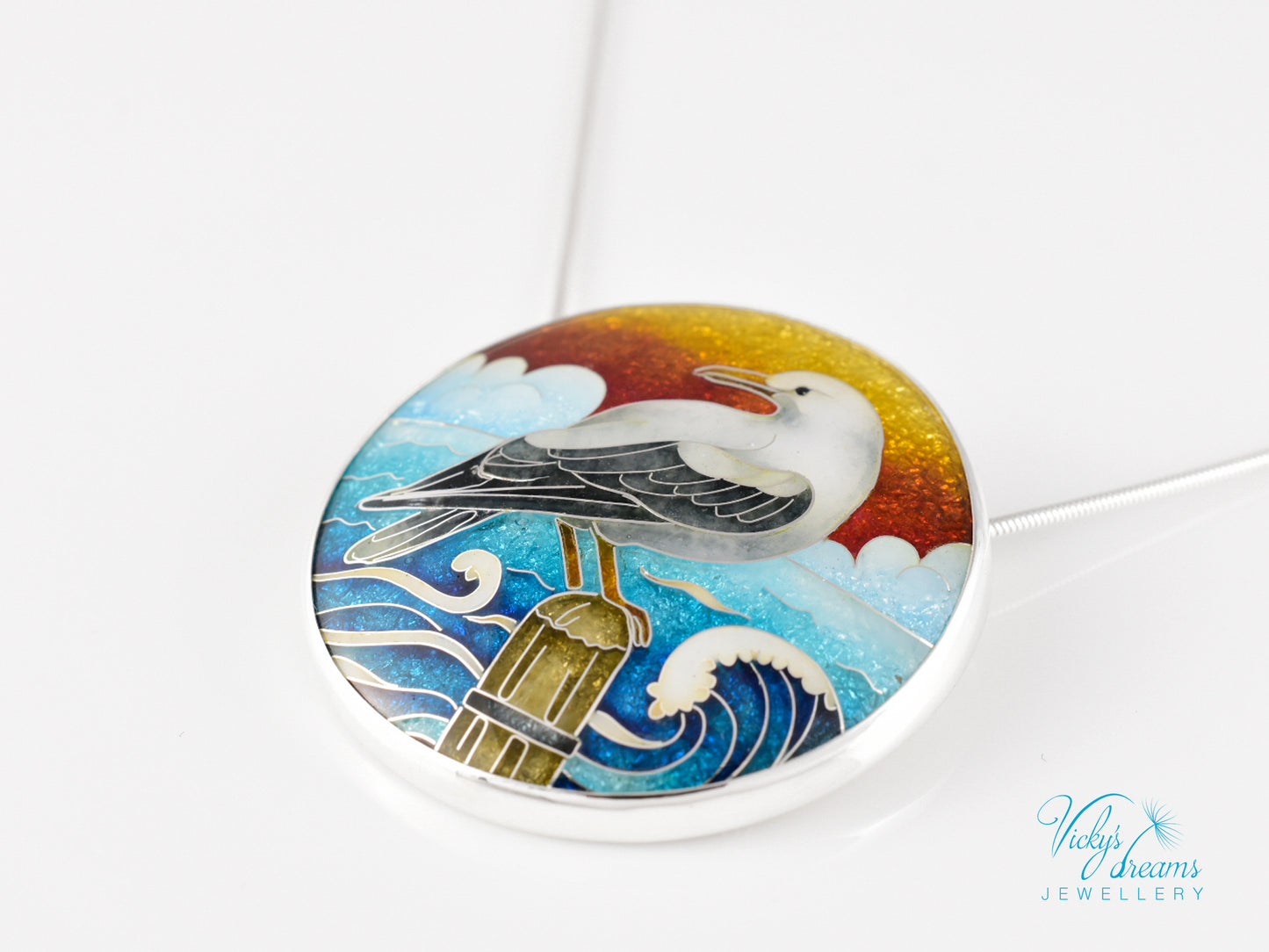 One-of-a-Kind Seagull Cloisonné Enamel Pendant – Sterling Silver Necklace