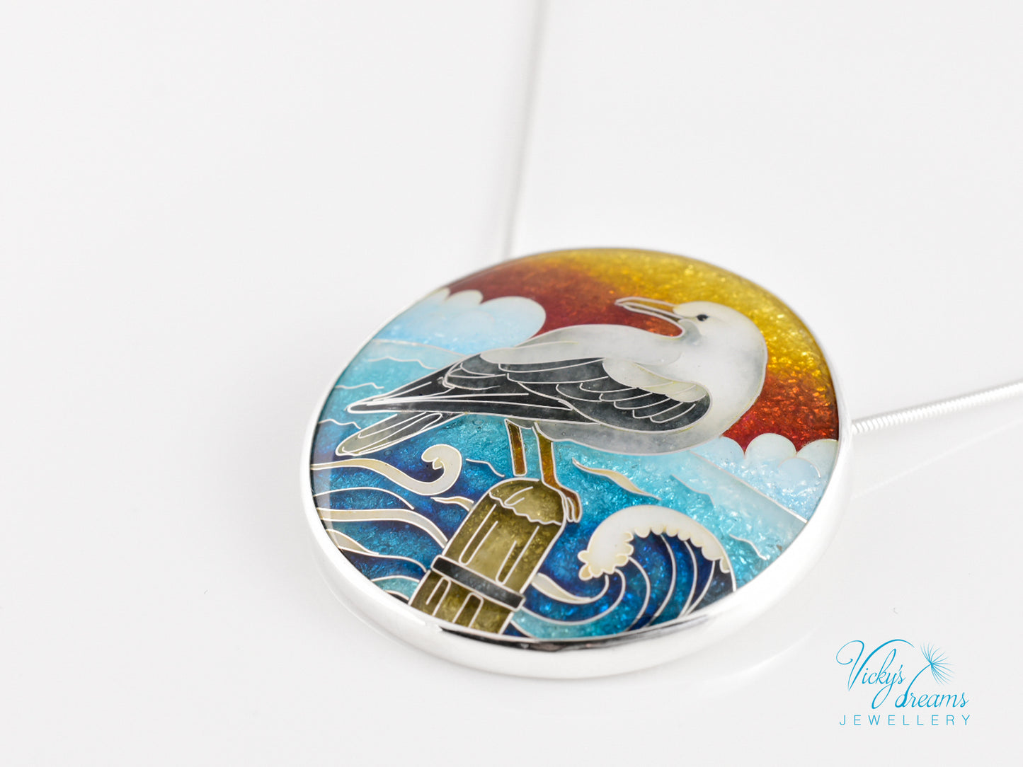 One-of-a-Kind Seagull Cloisonné Enamel Pendant – Sterling Silver Necklace