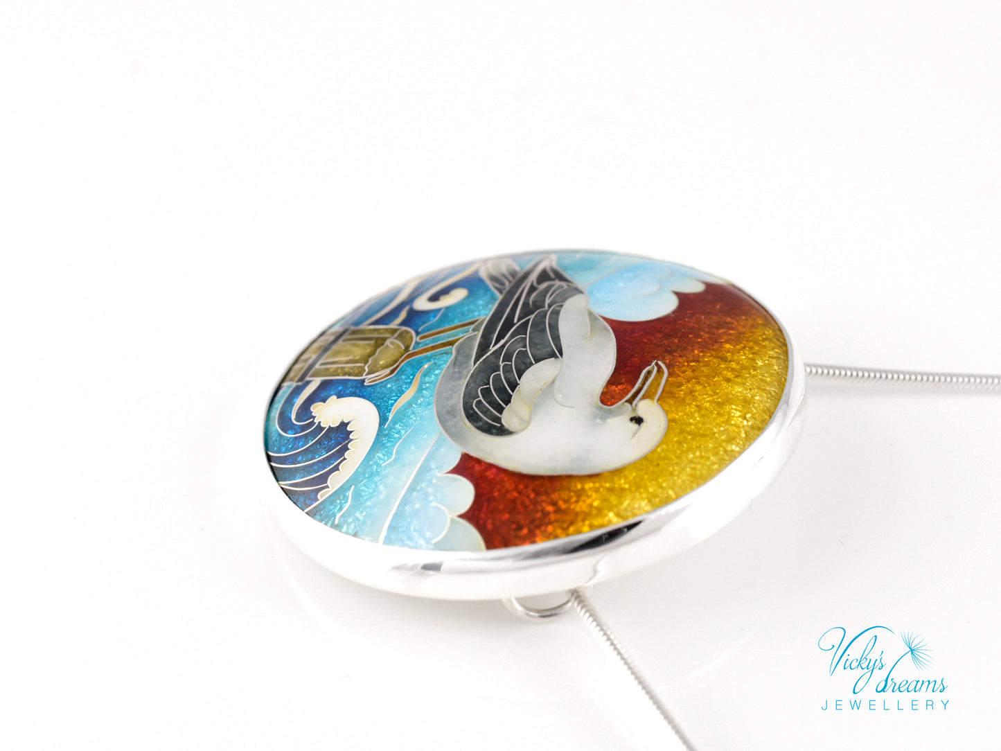 One-of-a-Kind Seagull Cloisonné Enamel Pendant – Sterling Silver Necklace