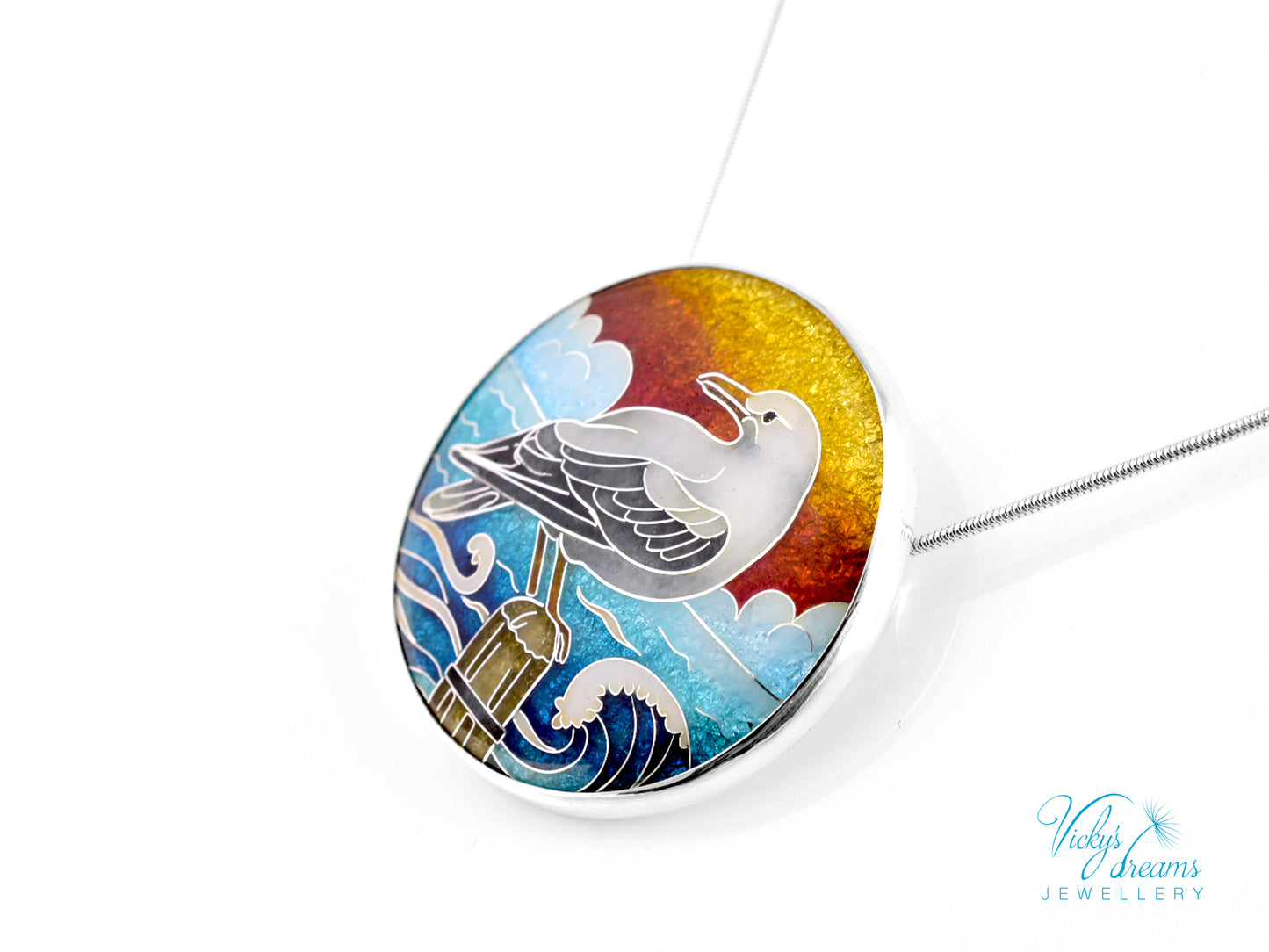 One-of-a-Kind Seagull Cloisonné Enamel Pendant – Sterling Silver Necklace