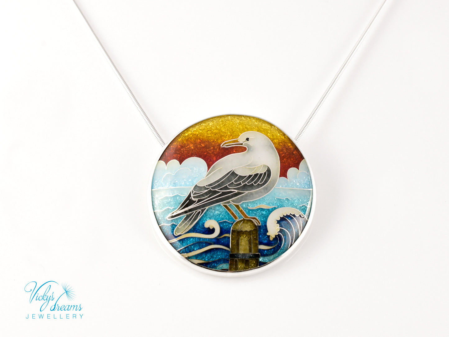 One-of-a-Kind Seagull Cloisonné Enamel Pendant – Sterling Silver Necklace