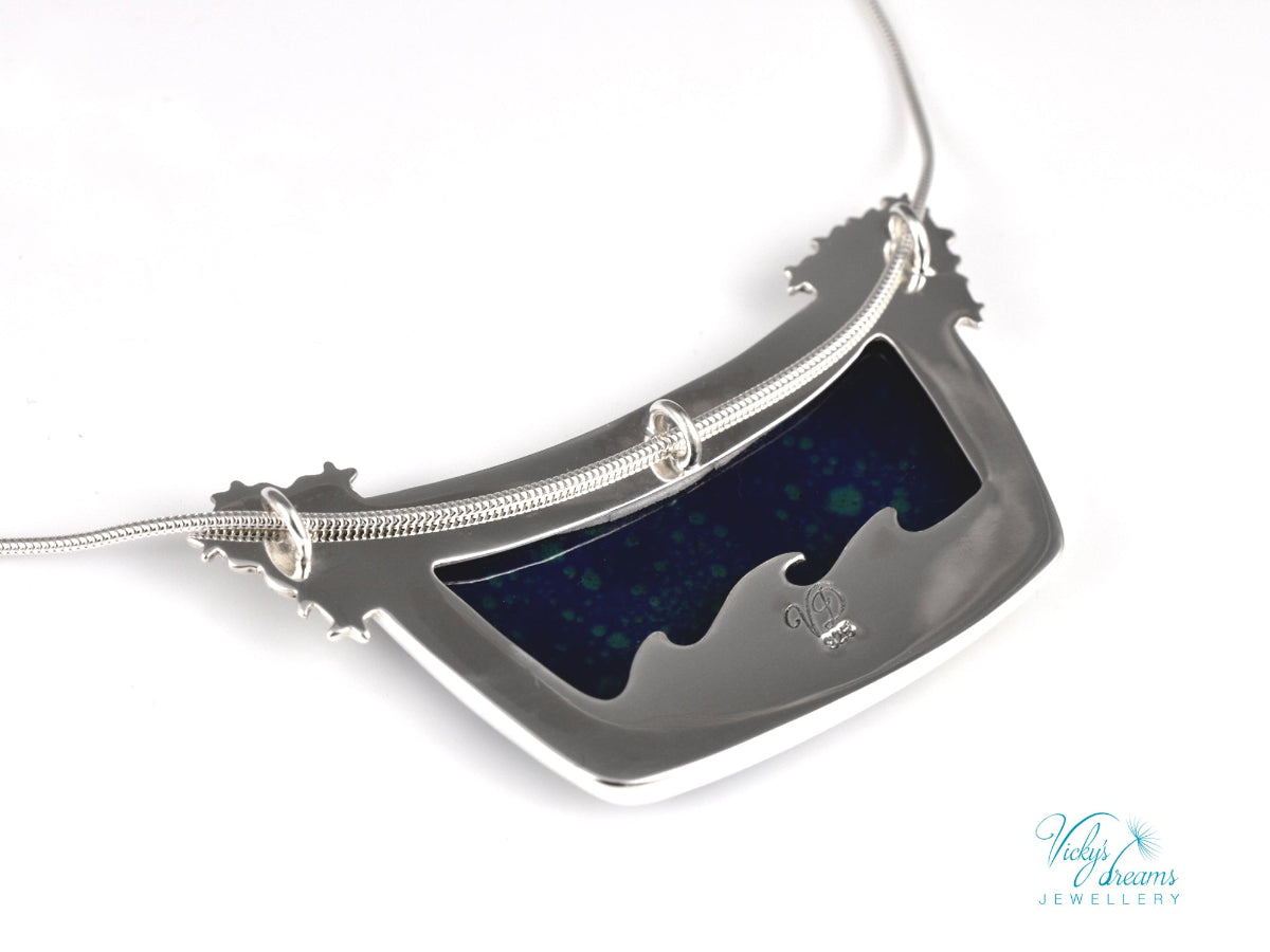 Handmade cloisonné night lighthouse pendant necklace in sterling silver