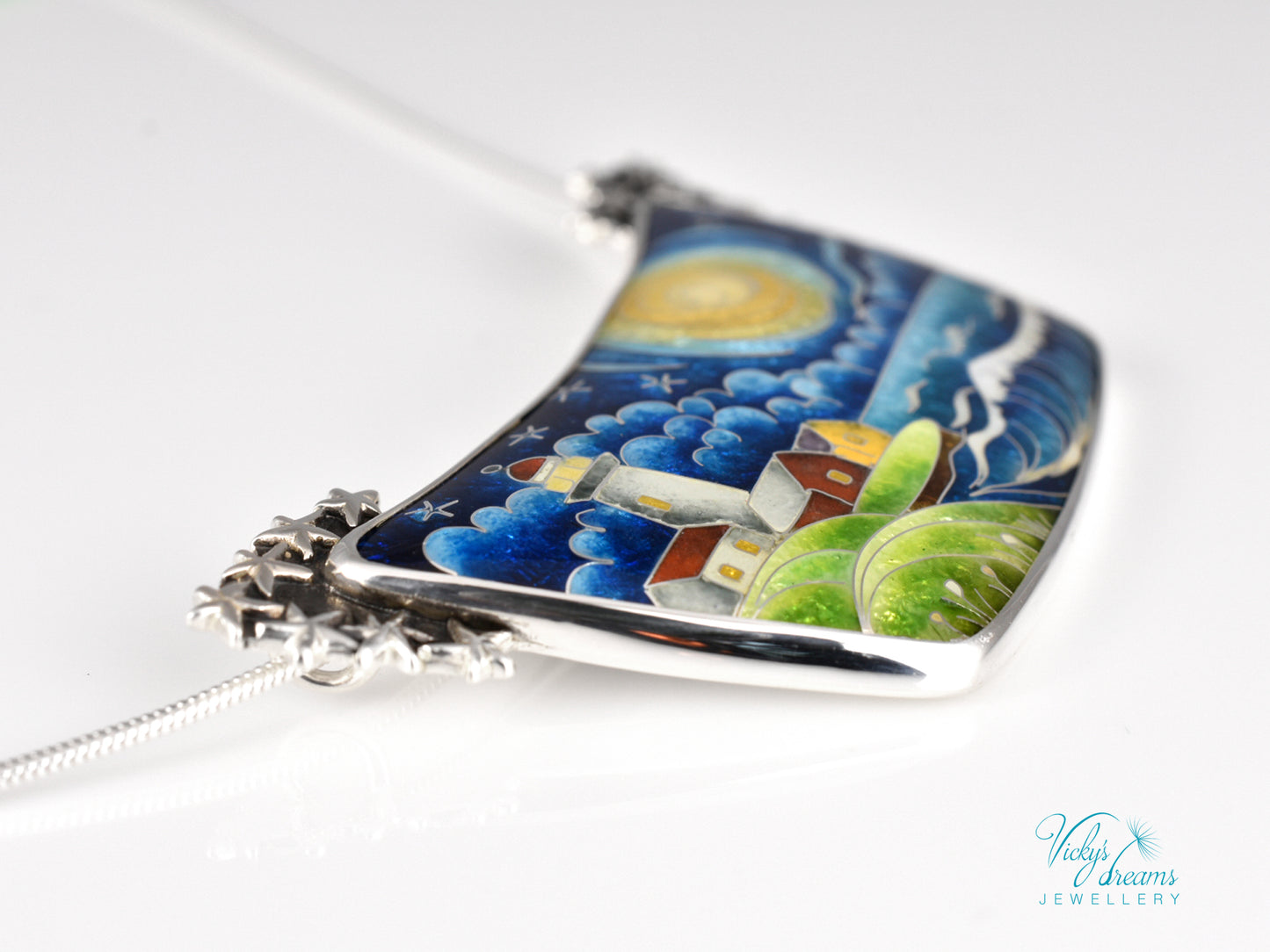 Handmade cloisonné night lighthouse pendant necklace in sterling silver