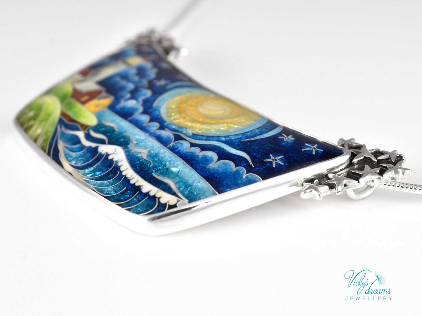 Handmade cloisonné night lighthouse pendant necklace in sterling silver