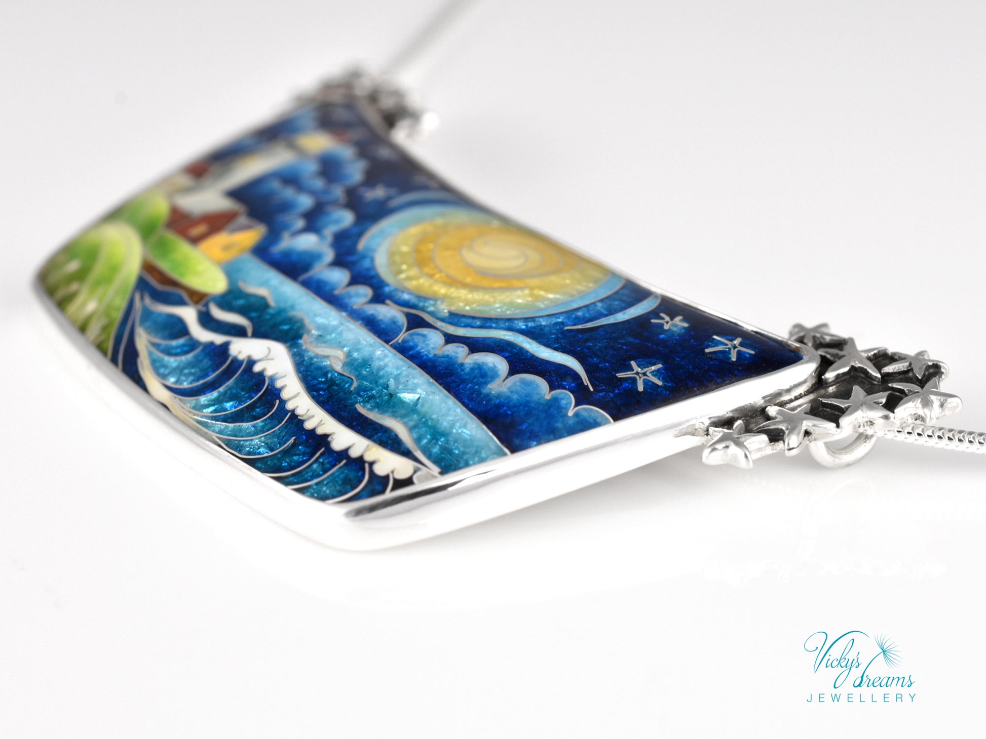 Handmade cloisonné night lighthouse pendant necklace in sterling silver