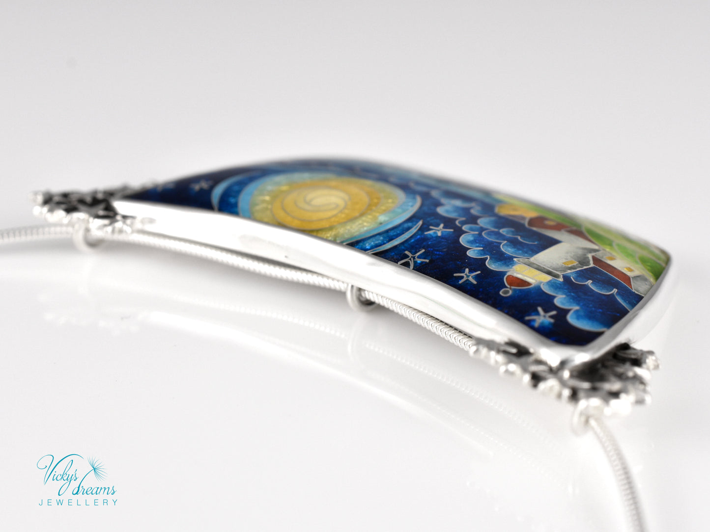 Handmade cloisonné night lighthouse pendant necklace in sterling silver