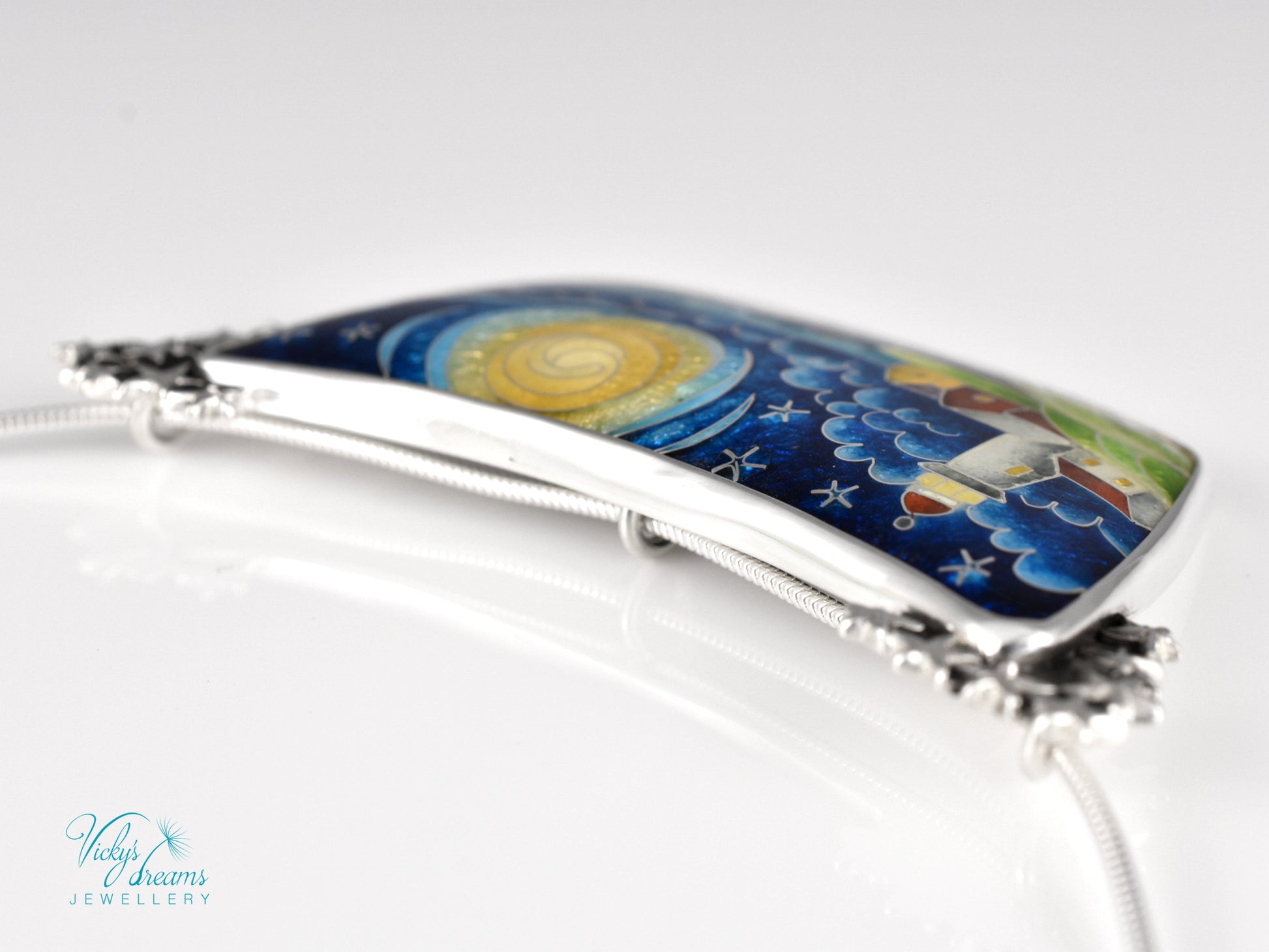 Handmade cloisonné night lighthouse pendant necklace in sterling silver
