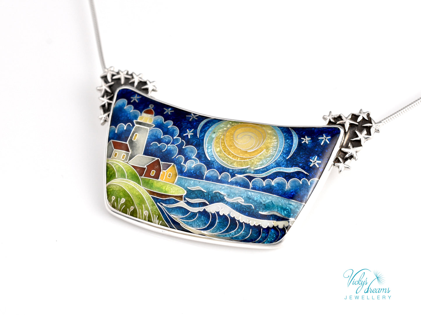 Handmade cloisonné night lighthouse pendant necklace in sterling silver