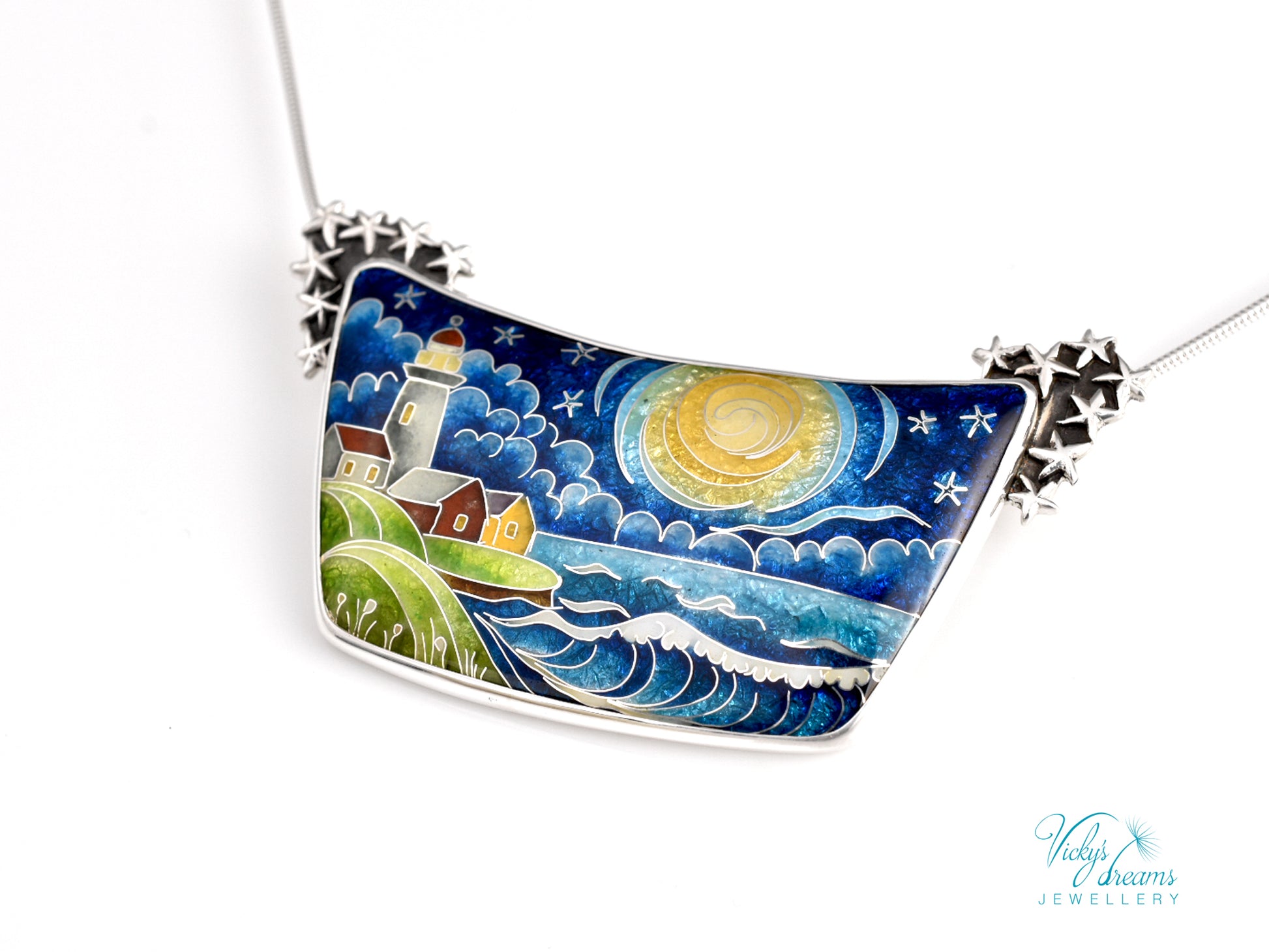 Handmade cloisonné night lighthouse pendant necklace in sterling silver