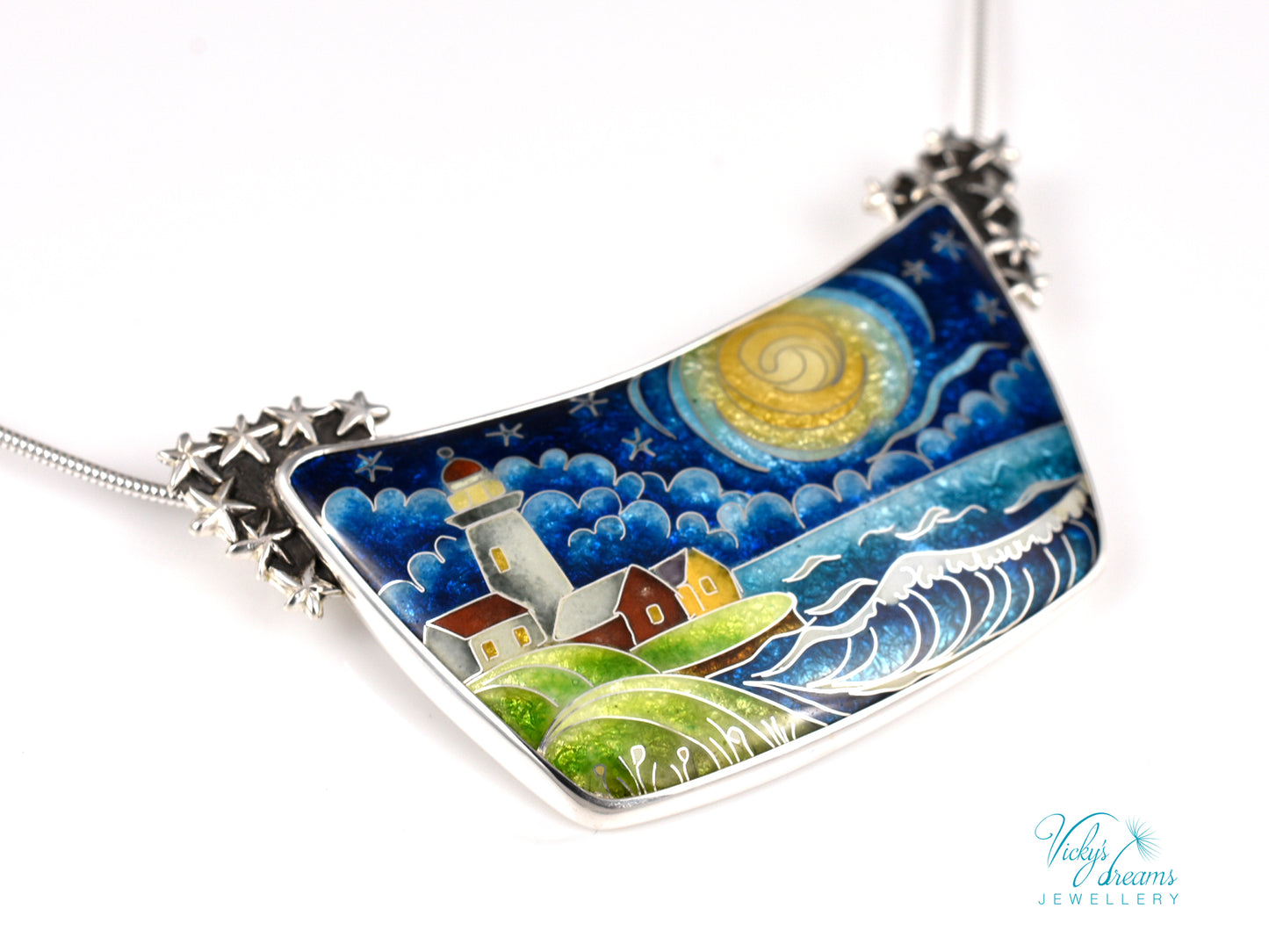 Handmade cloisonné night lighthouse pendant necklace in sterling silver