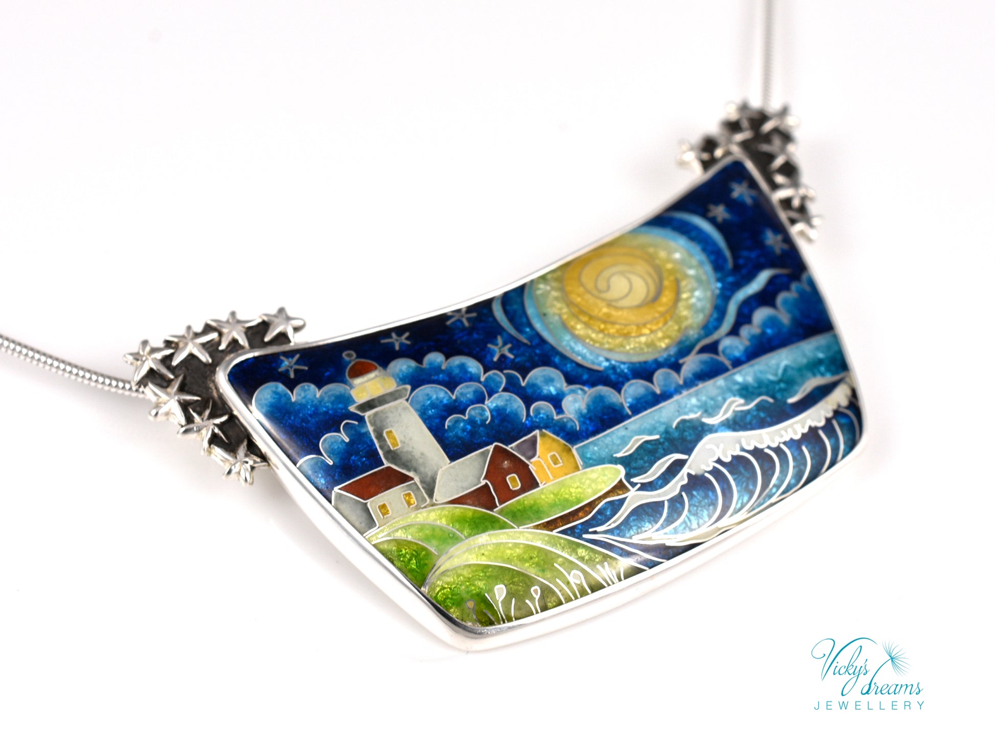 Handmade cloisonné night lighthouse pendant necklace in sterling silver
