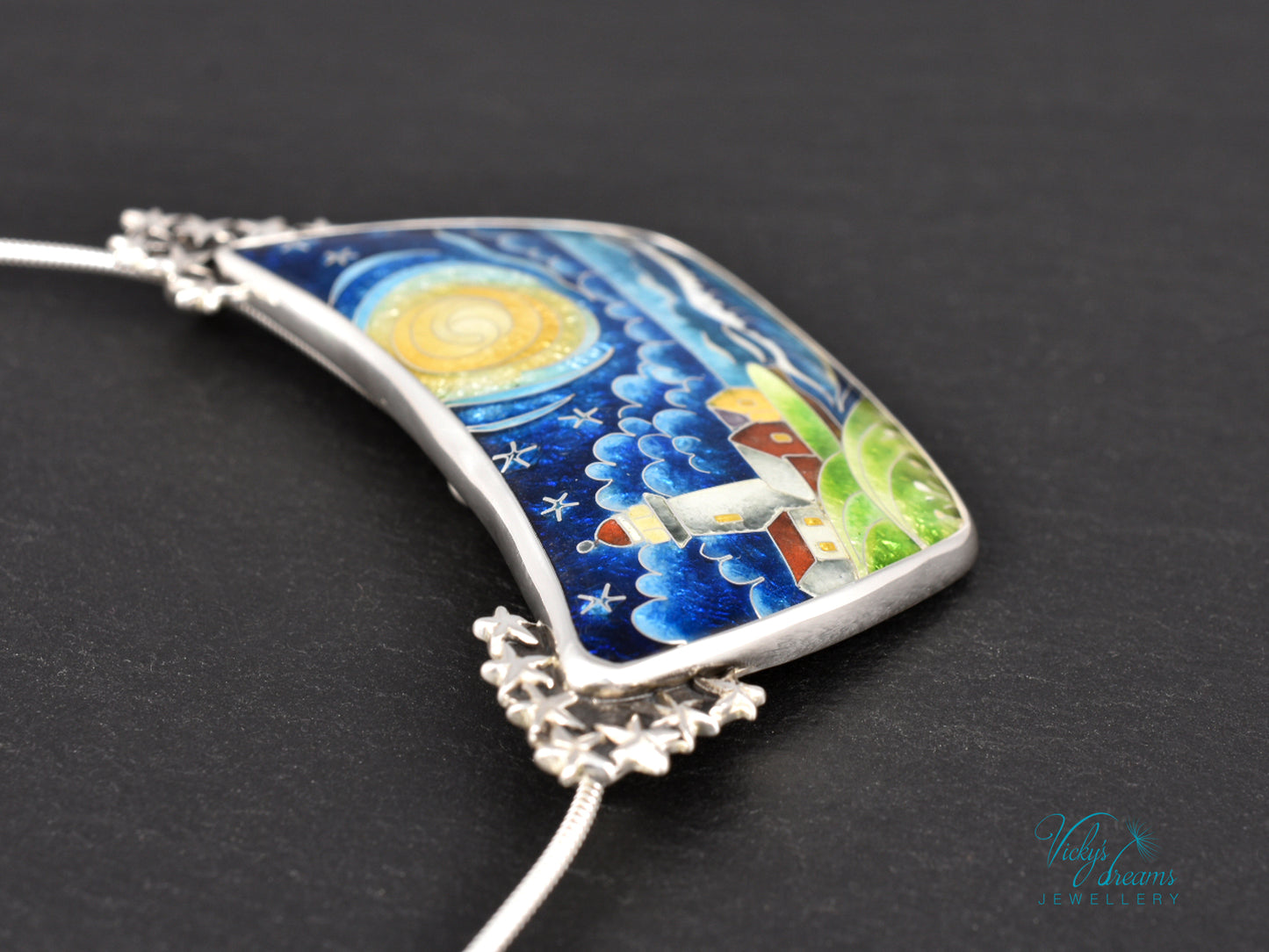 Handmade cloisonné night lighthouse pendant necklace in sterling silver