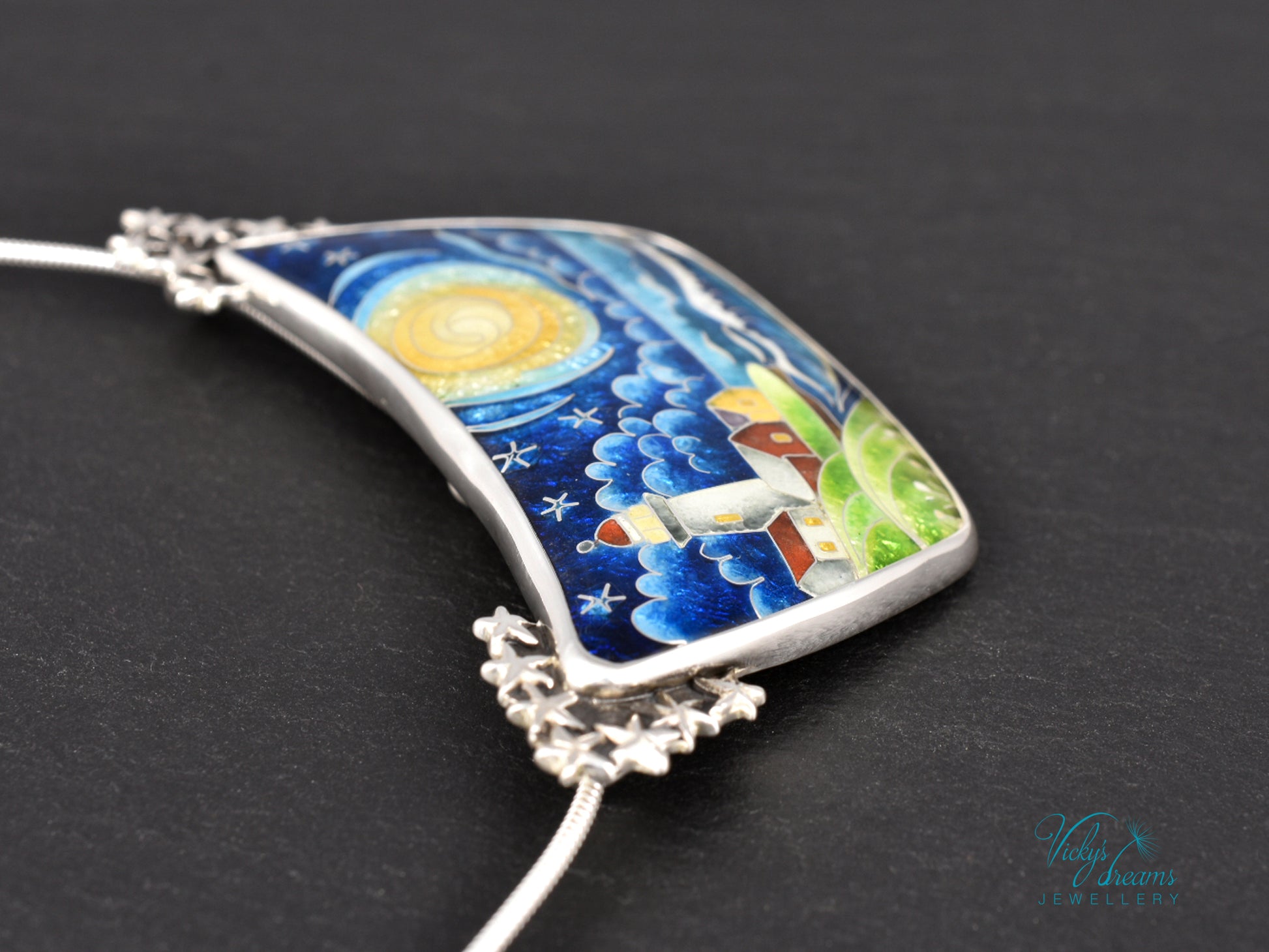 Handmade cloisonné night lighthouse pendant necklace in sterling silver
