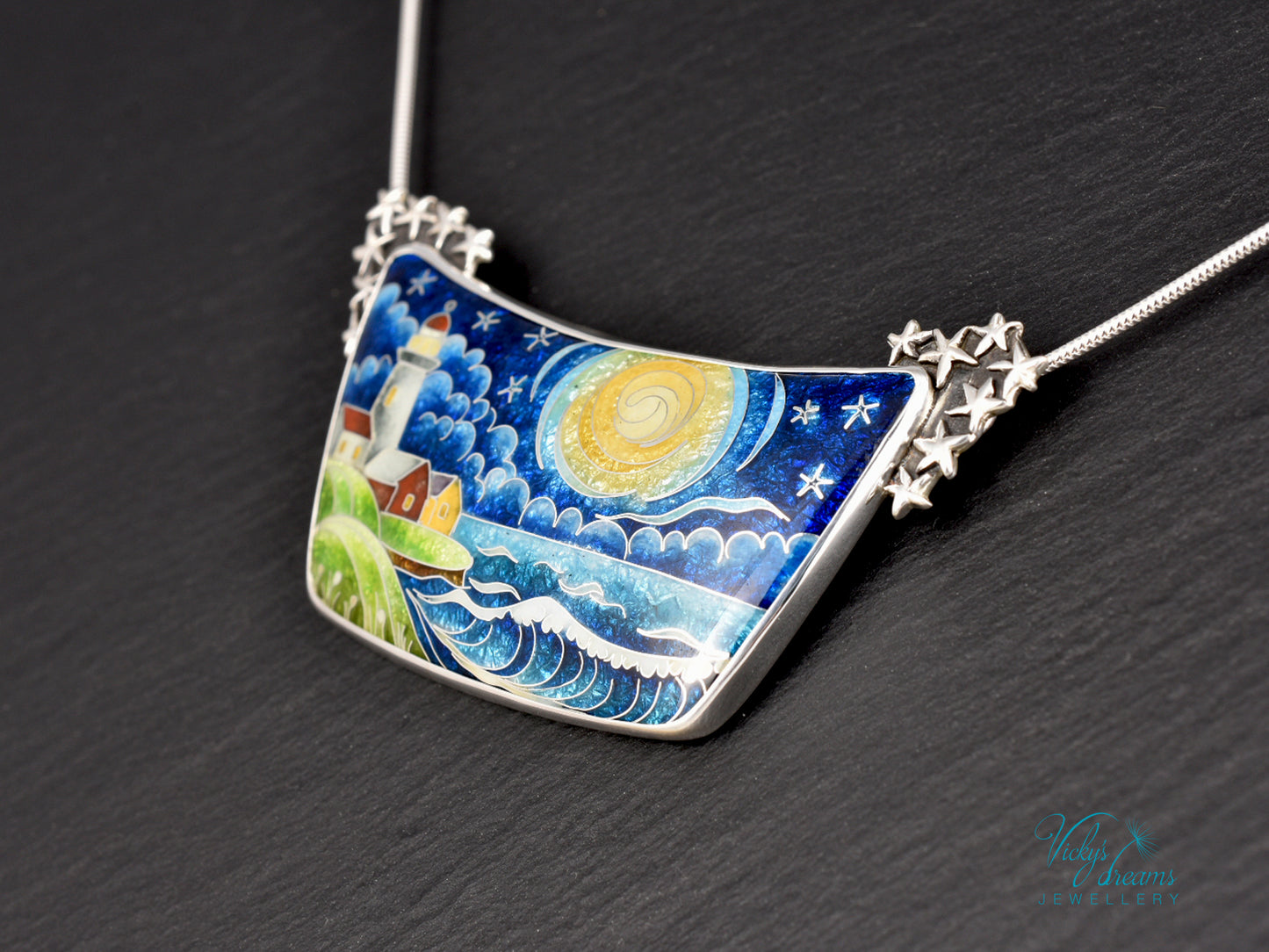 Handmade cloisonné night lighthouse pendant necklace in sterling silver