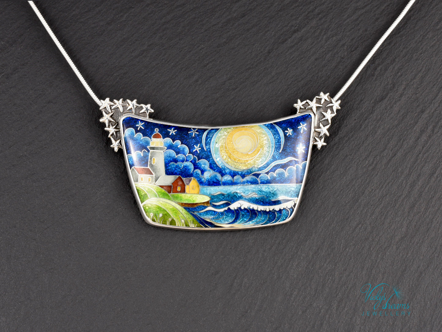 Handmade cloisonné night lighthouse pendant necklace in sterling silver