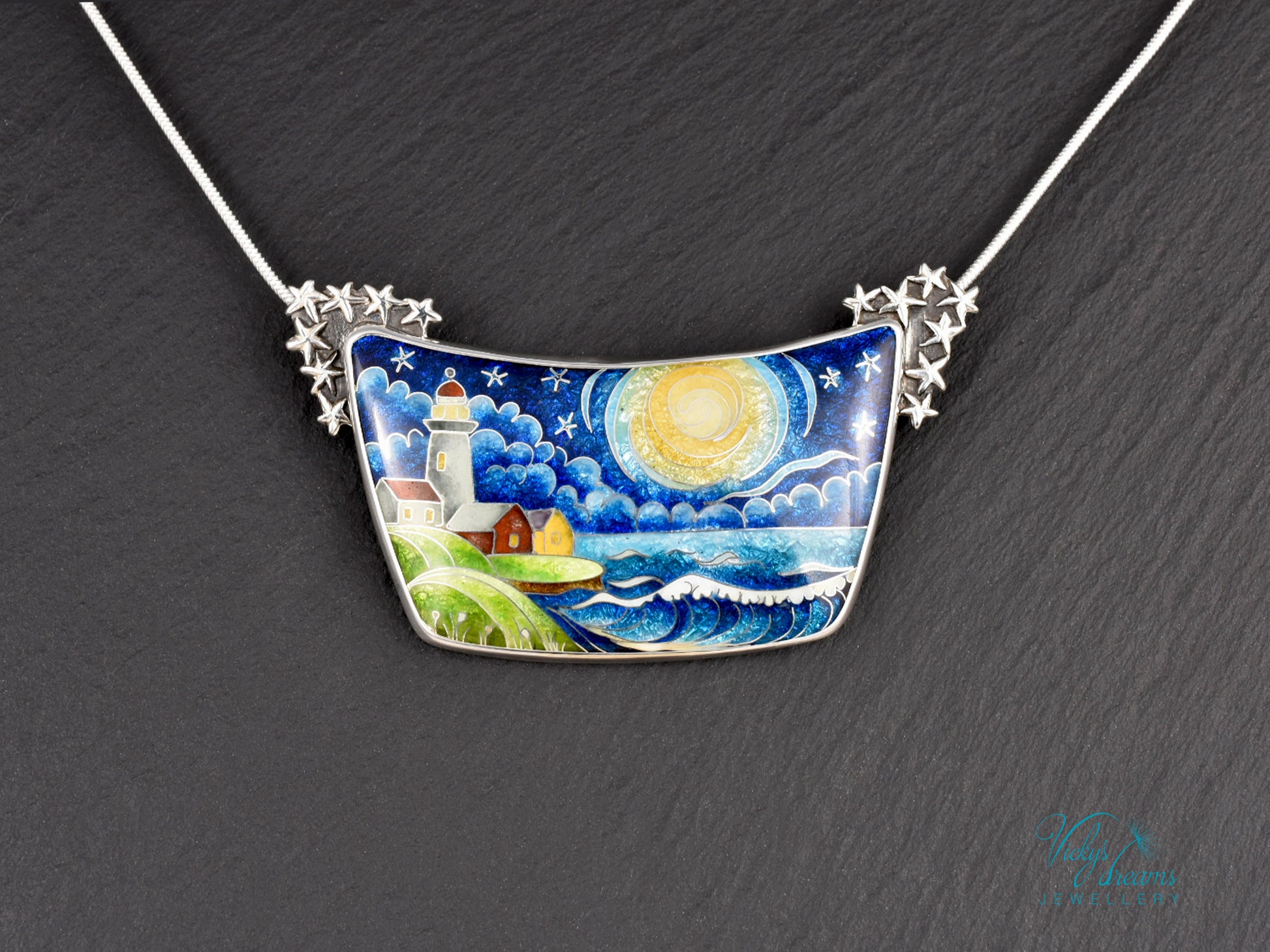 Handmade cloisonné night lighthouse pendant necklace in sterling silver