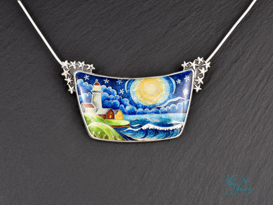 Handmade cloisonné night lighthouse pendant necklace in sterling silver