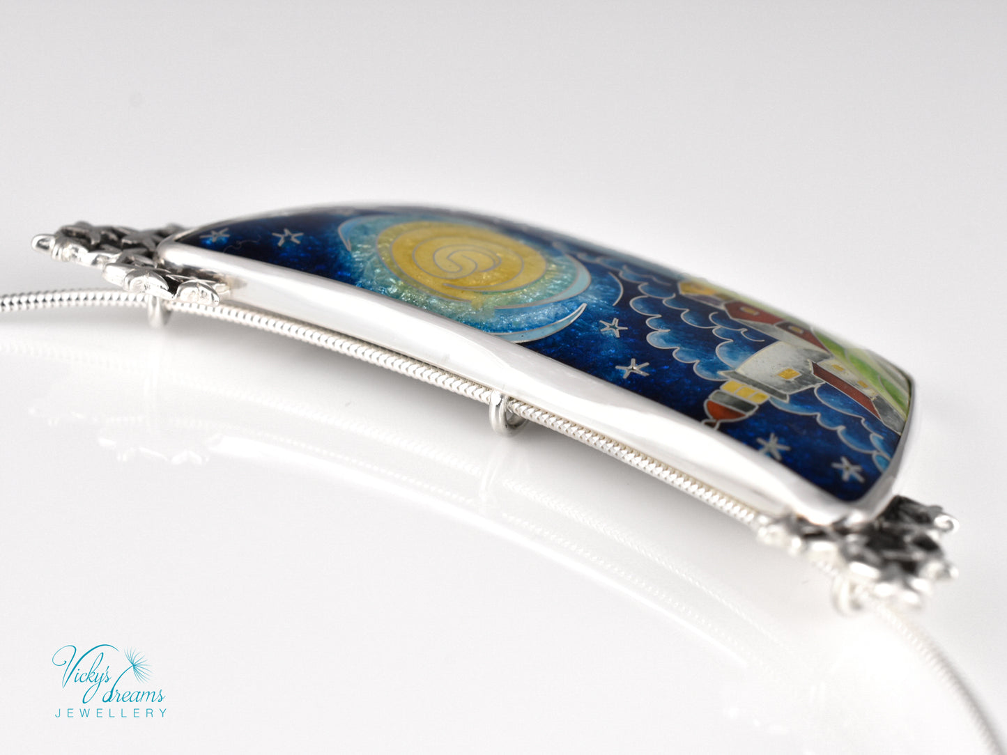 Handmade cloisonné night lighthouse pendant necklace in sterling silver