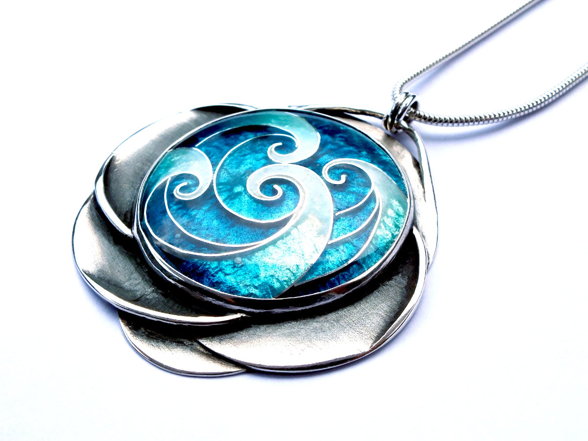 cloisonne enamel Silver pendant with blue and white wave design