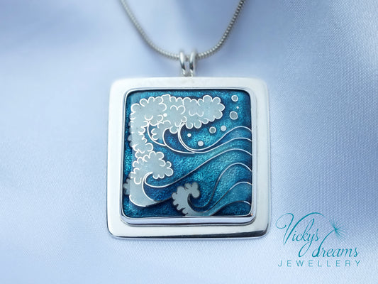 Cloisonné enamel necklace with blue and white sea wave