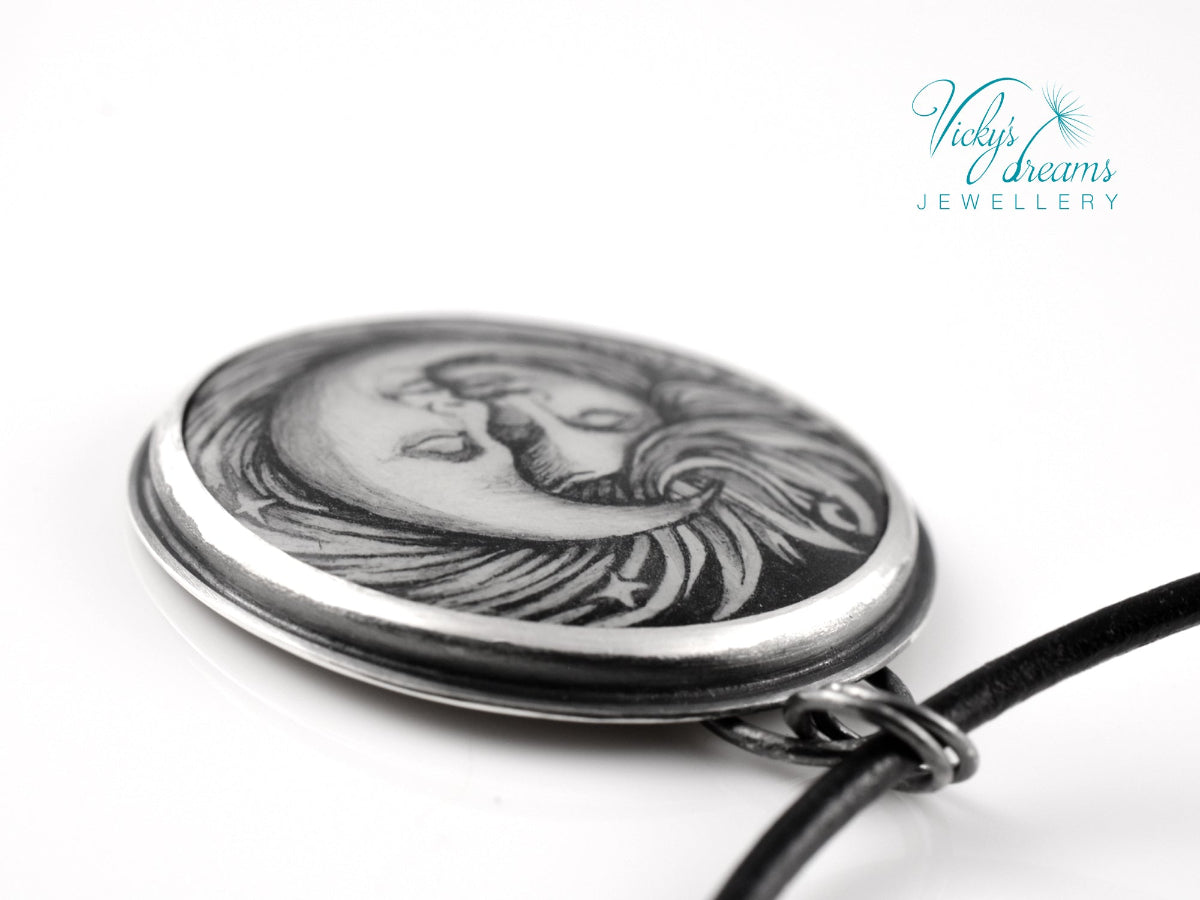 Handpainted Sun and Moon enamel pendant necklace in sterling silver