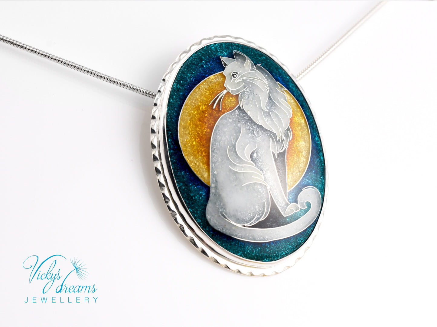 Handcrafted cloisonné cat pendant necklace with vibrant turquoise and yellow enamel