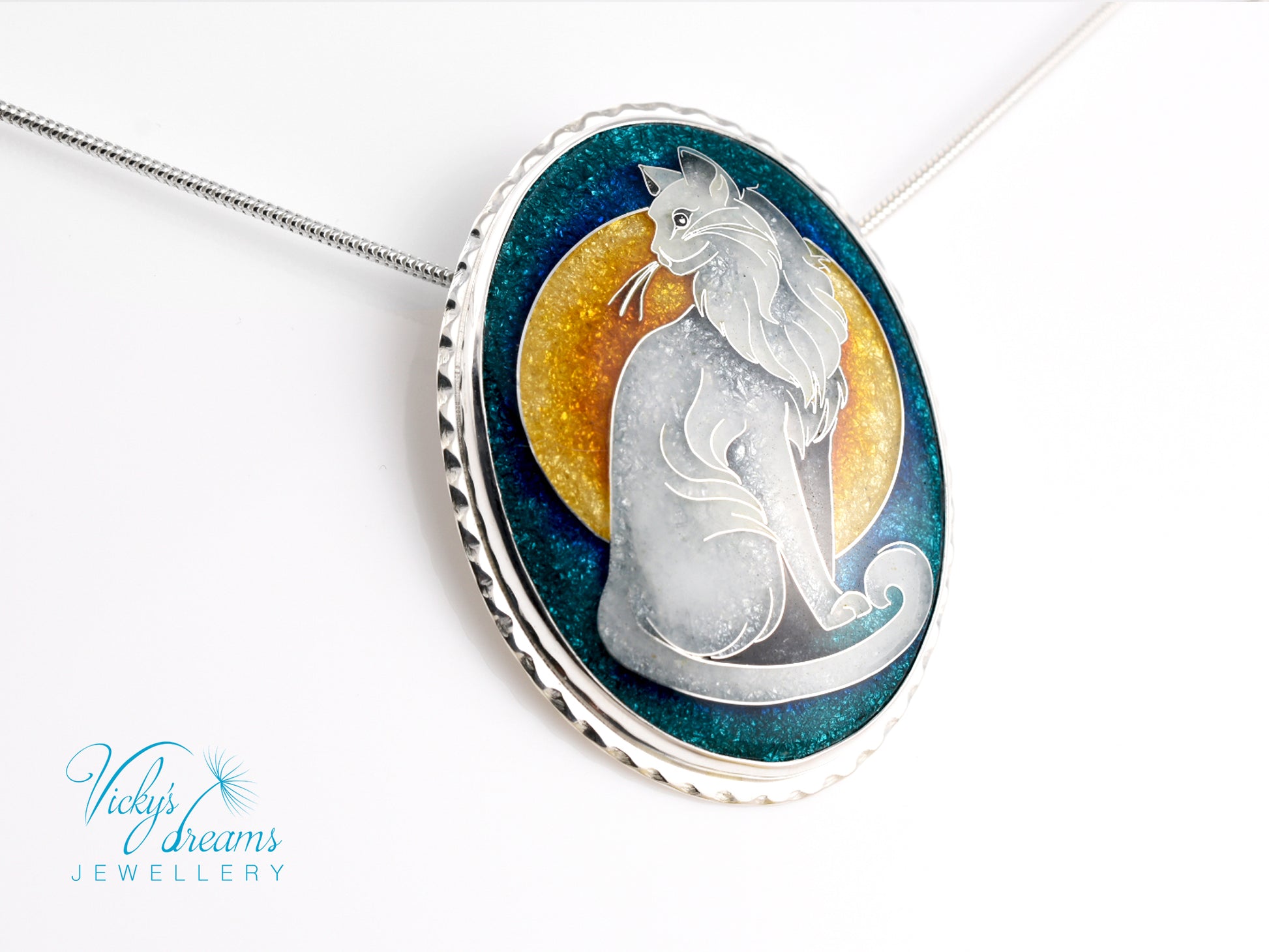 Handcrafted cloisonné cat pendant necklace with vibrant turquoise and yellow enamel
