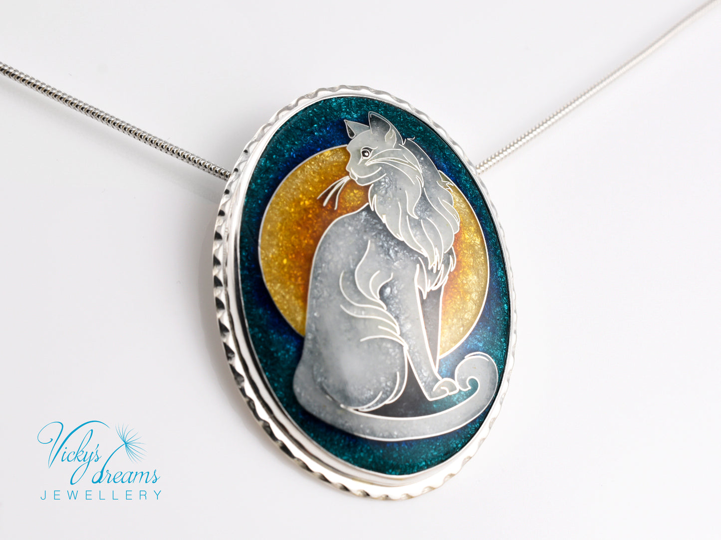 Handcrafted cloisonné cat pendant necklace with vibrant turquoise and yellow enamel