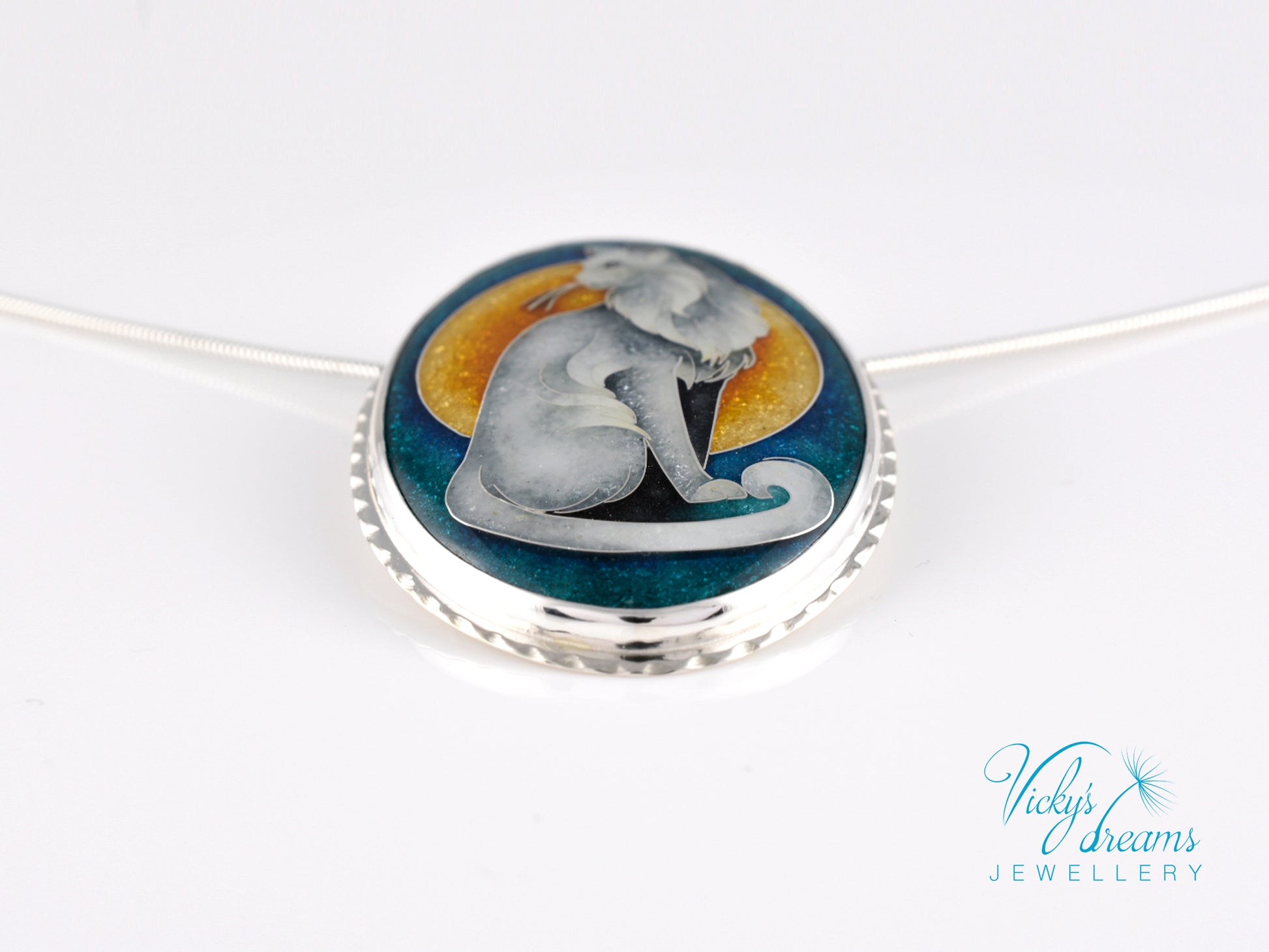 Handcrafted cloisonné cat pendant necklace with vibrant turquoise and yellow enamel