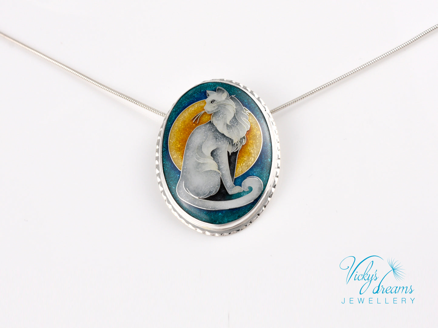 Handcrafted cloisonné cat pendant necklace with vibrant turquoise and yellow enamel