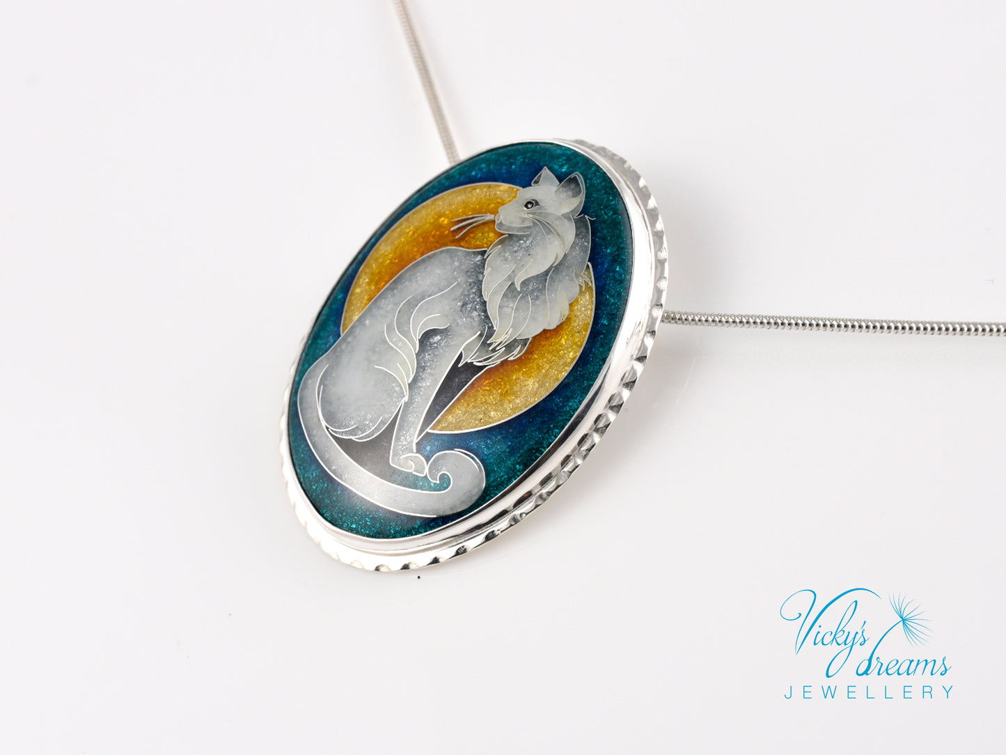 Handcrafted cloisonné cat pendant necklace with vibrant turquoise and yellow enamel