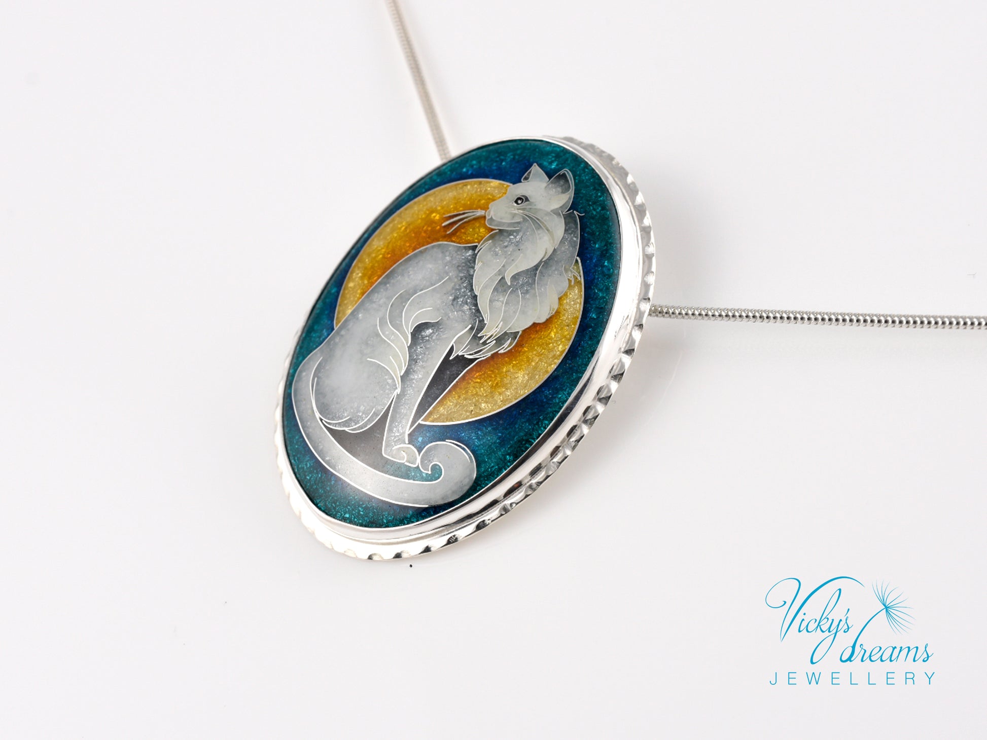 Handcrafted cloisonné cat pendant necklace with vibrant turquoise and yellow enamel