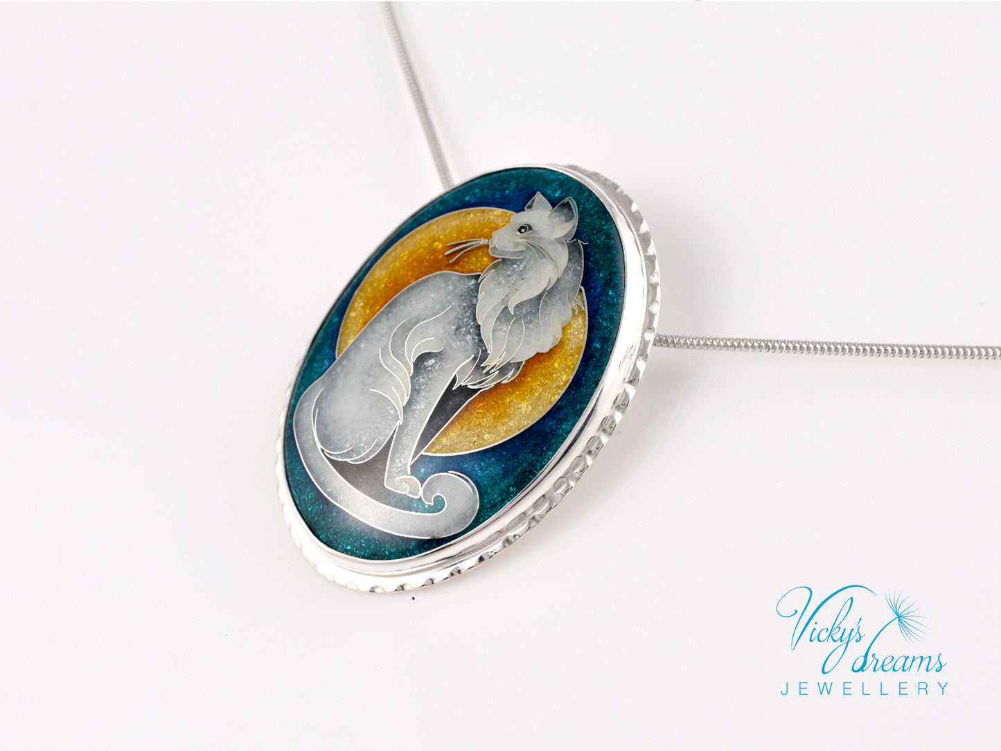 Handcrafted cloisonné cat pendant necklace with vibrant turquoise and yellow enamel