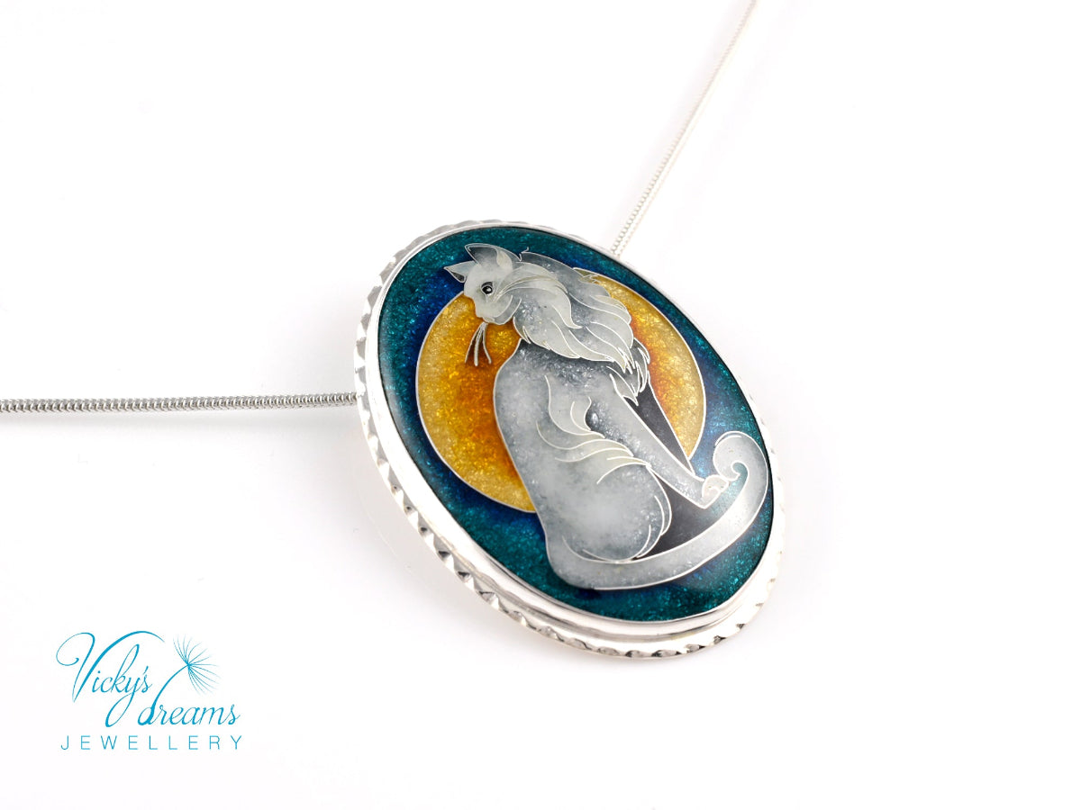 Handcrafted cloisonné cat pendant necklace with vibrant turquoise and yellow enamel