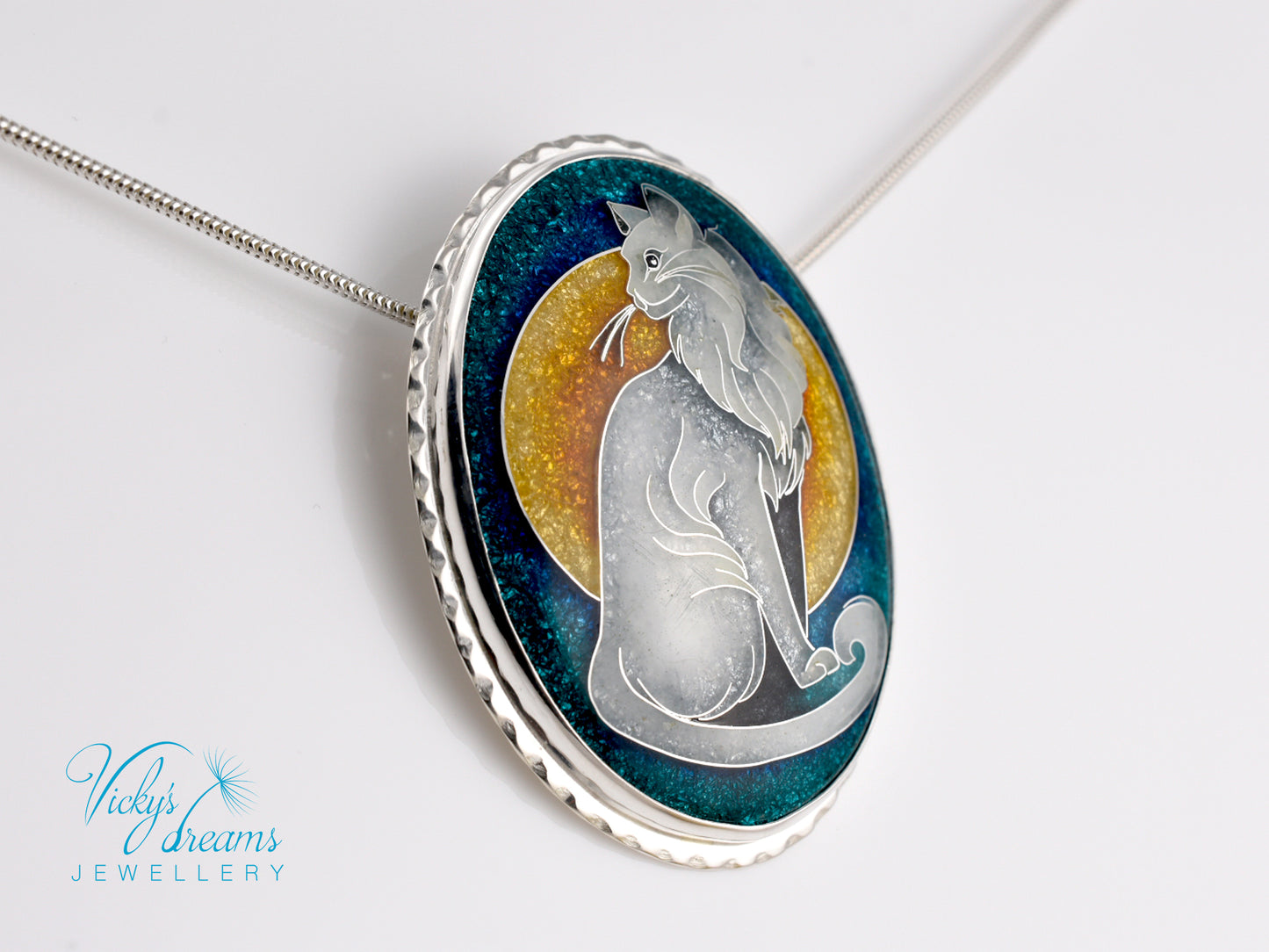 Handcrafted cloisonné cat pendant necklace with vibrant turquoise and yellow enamel